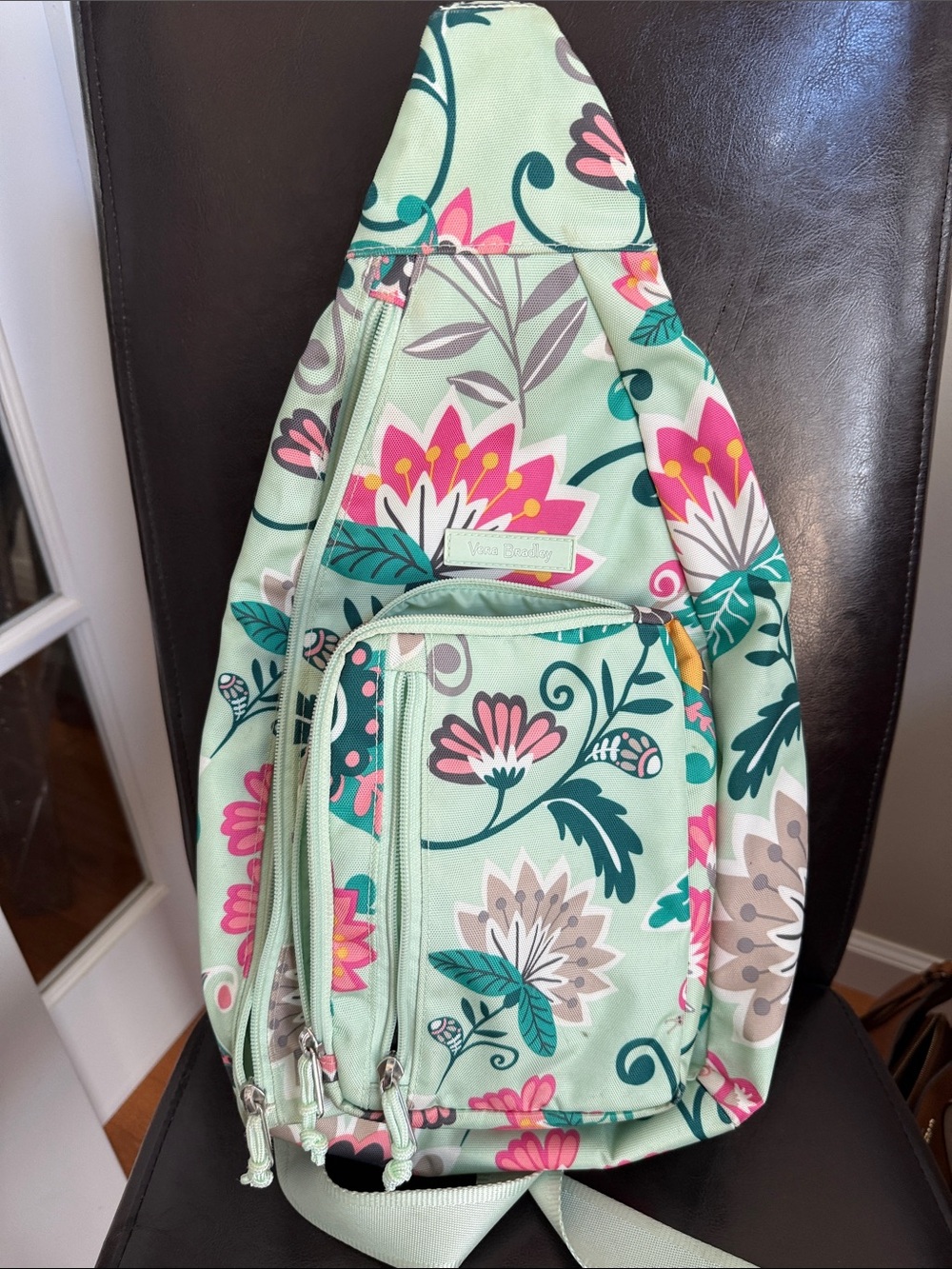 Vera Bradley Mint Floral Sling Backpack with Pink & Teal Accents